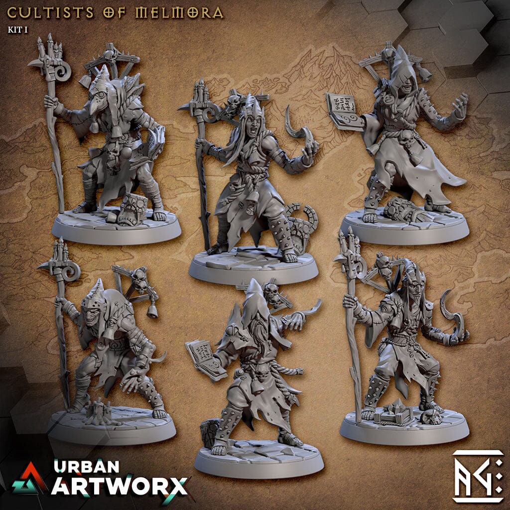 Tabletop Miniaturen - Artisan Guild - Rodburg Cultist of Melmora - Rodburg Cultists of Melmora Hooded Artisan Guild Cultist Full Kit (6) Highquality Base