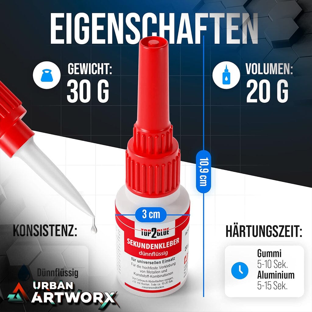 Tabletop Sekundenkleber extra stark - 20g - hochfester Cyanacrylat Kleber - Wasserfest, Dünnflüssig, Hitzebeständig, Industriequalität Urban ArtworX