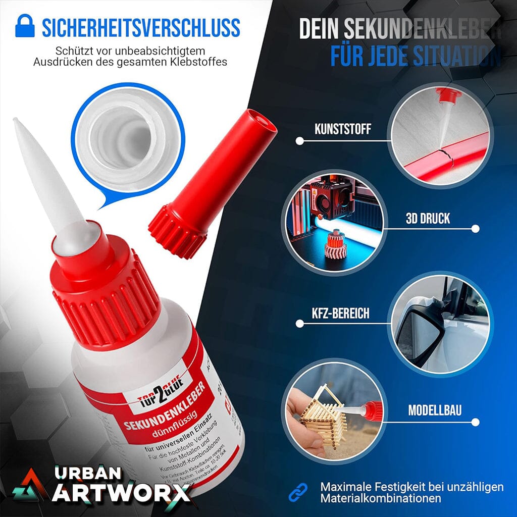 Tabletop Sekundenkleber extra stark - 20g - hochfester Cyanacrylat Kleber - Wasserfest, Dünnflüssig, Hitzebeständig, Industriequalität Urban ArtworX