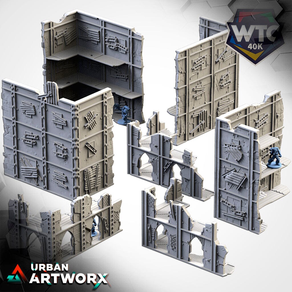 Tabletop Gelände - Txarli Factory - Post Apocalyptic Ruins WTC Txarli Factory Tourney Set Complete (WTC 8 Kleine 6 Große 6 Container)